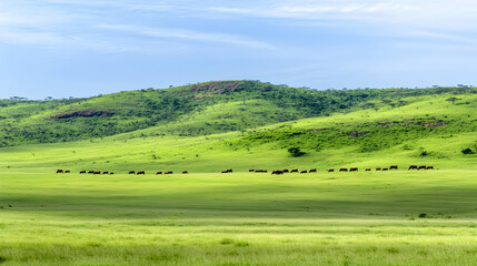 African savanna landscape with herd of elephants walking across green plain, hills in background, wildlife photography