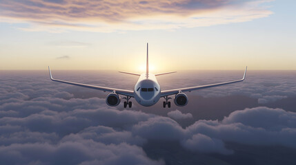 Fototapeta premium Airplane above clouds sunset travel journey