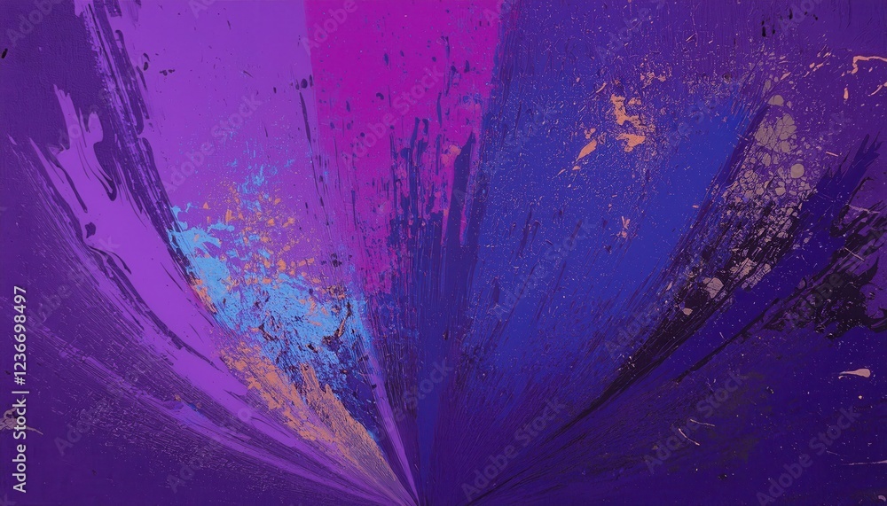 Poster dynamic abstract explosion of purple and blue paint splashes with textured strokes and black fragments, perfect for modern background and digital artwork

