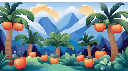 Apple orchard, mountainous landscape, sunset, cartoon style, ideal for children's book illustrations