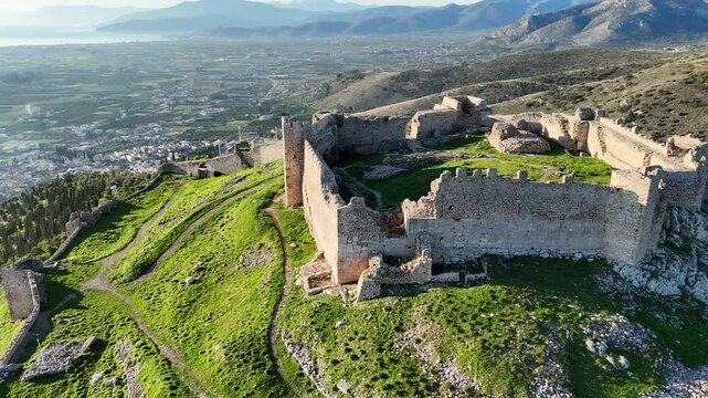 Aerial view of Larisa Castle in Argos, Peloponnese, Greece at sunrise
