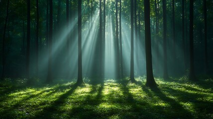 Fototapeta premium Forest sunbeams golden hour fog