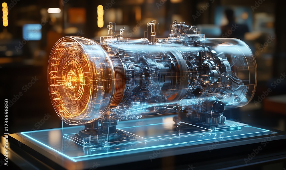 Aufkleber transparent engine model with glowing internal components displayed on a glass platform.