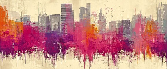 Fototapeta premium Abstract city skyline painting in vibrant pink, orange, and purple hues.