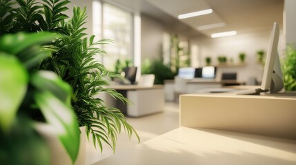 Fototapeta premium 3D rendering of a modern office interior design, Decorative green plants and beige accent elements add to the natural, well-lit ambiance.