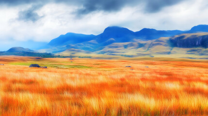 Fototapeta premium Autumnal mountain landscape, golden grasses foreground, cloudy sky, scenic view, travel poster