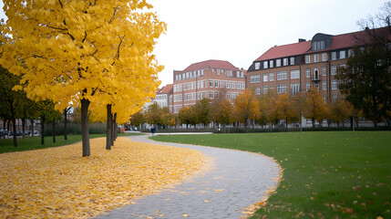 Obraz premium Autumnal park path, city background, yellow leaves, fall season, nature scene, stock photo