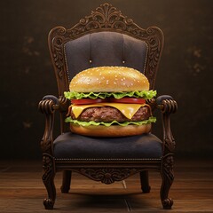 Burger with a crown on a royal chair
