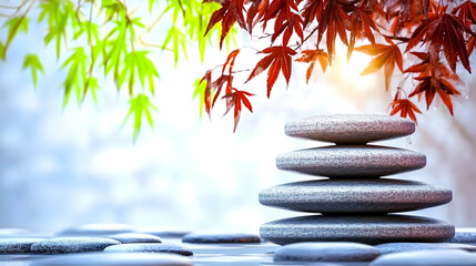 Balanced stones, zen garden, autumn leaves, peaceful scene, spa or meditation imagery