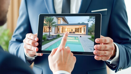 a businessman holds a tablet, a private house on the screen, the concept of buying real estate