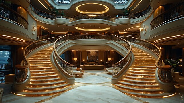 Grand, opulent double staircase in a luxurious hotel lobby.