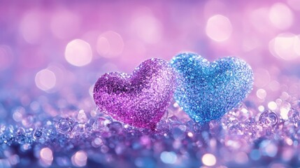 Fototapeta premium Two Sparkling Glitter Hearts On Dreamy Background With Twinkling Lights And Bokeh Effect