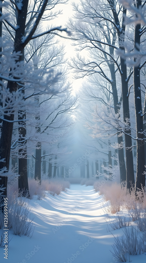 Aufkleber a serene winter forest scene with snow-covered ground, soft diffused light filtering through frosted