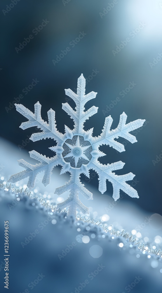 Poster an extreme macro view of an intricate snowflake showcasing crystalline structures against a soft, bl