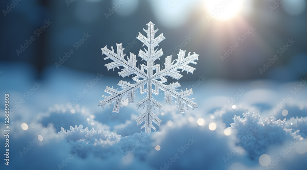 Poster an extreme macro image showcases the intricate structure of a single snowflake with crystalline deta