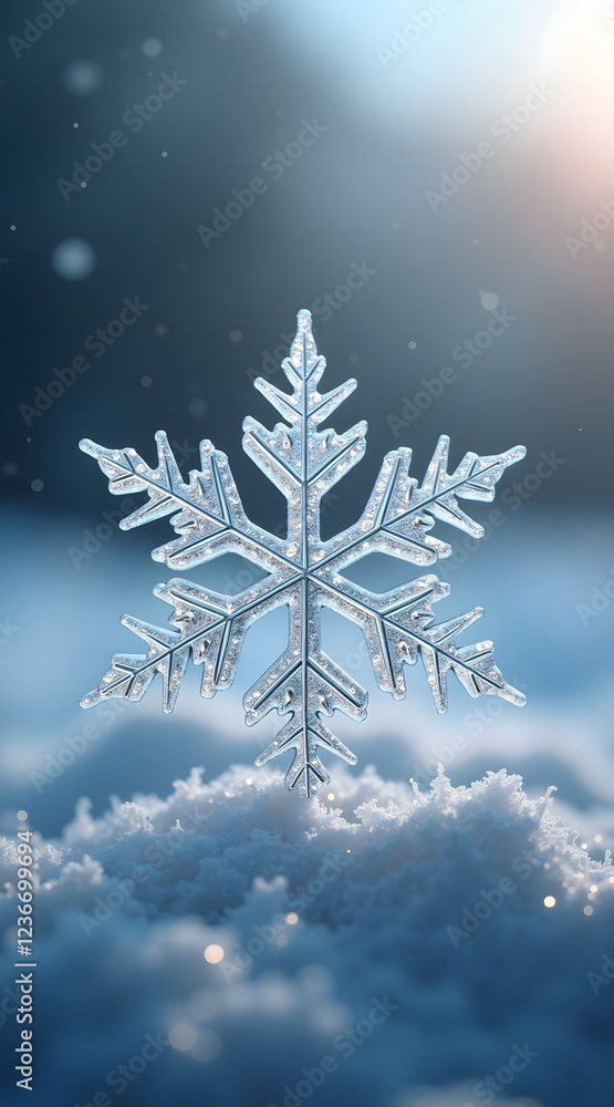 Poster an extreme macro view of a single snowflake showcasing its intricate crystalline structure against a