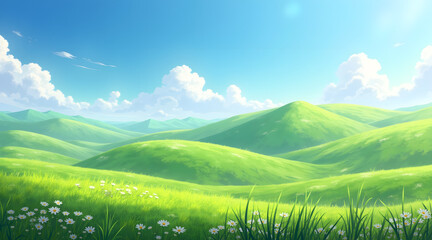 Gently rolling green hills stretch under a clear blue sky in spring, adorned with vibrant flowers and illuminated by gentle sunlight