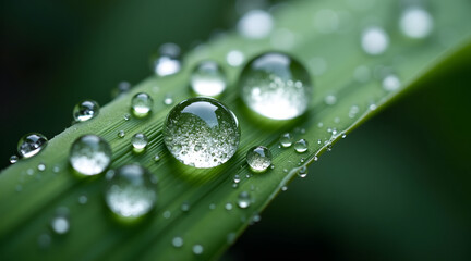 Macro close-up of glistening raindrops on a green leaf showcasing intricate water reflections and delicate textures with crisp focus