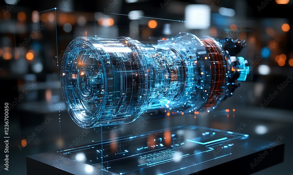 Poster futuristic engine displayed in a glass case with holographic interface.
