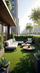 Fototapeta premium A serene rooftop garden in an urban setting features lush greenery, modern furniture, and soft natural lighting, creating a tranquil retreat in the city