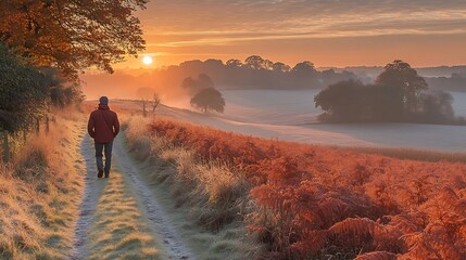 Frosty sunrise path walk reddish field