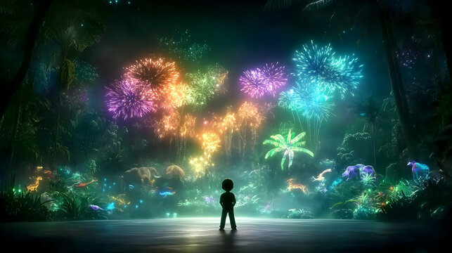 Boy watches vibrant fireworks display in magical rainforest at night; ideal for children's fantasy