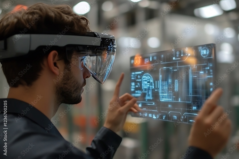 Aufkleber man in smart glasses interacts with a holographic display showing a blueprint.