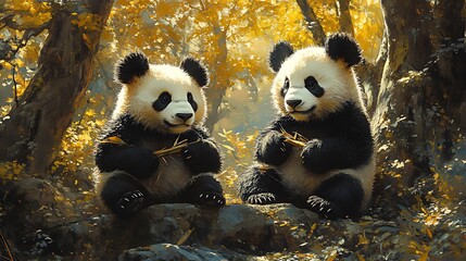 Obraz premium Two adorable panda cubs sitting together in a golden autumn forest, eating bamboo.