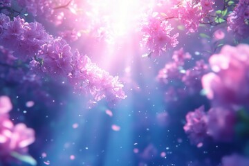 Enchanted Pink Blossom Garden Bathed in Soft Sunlight