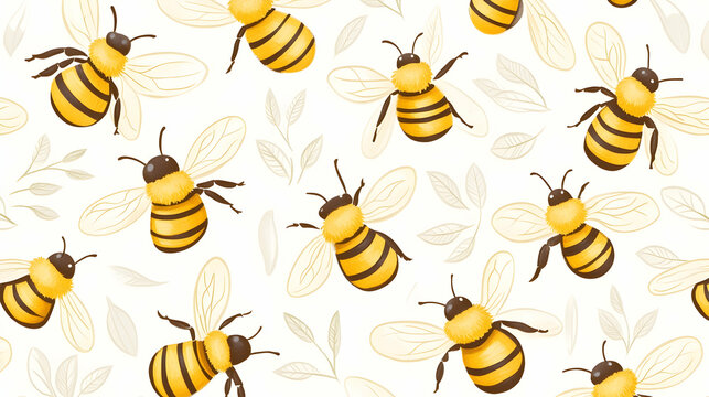 Busy bees flying amidst leaves; nature pattern for textile design