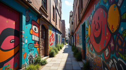 Naklejka premium Vibrant urban alleyway adorned with striking street art, showcasing rich textures and dynamic natural lighting with bright murals on colorful walls