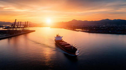Naklejka premium Cargo ship sunset port city harbor transport