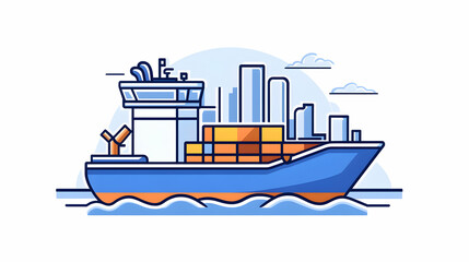 Obraz premium Cargo ship sailing near city skyline; global trade, logistics concept illustration