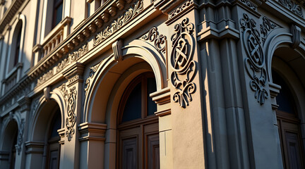 Obraz premium Intricate architectural details on a historic building showcase beautiful textures, warm lighting, and fine craftsmanship highlighting its timeless elegance