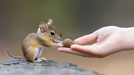 Child feeding tiny chipmunk a nut outdoors.  Background blurred forest. Use Children's book, wildlife conservation