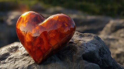 Fototapeta premium A translucent amber heart on stone surface, symbolizing warmth, strength, and natural beauty