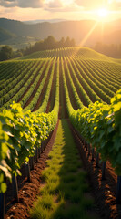 Fototapeta premium A sprawling vineyard at golden hour showcases meticulously detailed grapevines and rolling hills illuminated by natural sunlight creating a serene landscape
