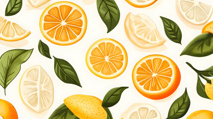 Citrus fruit slices and leaves pattern;  vibrant background for food blogs, recipe websites