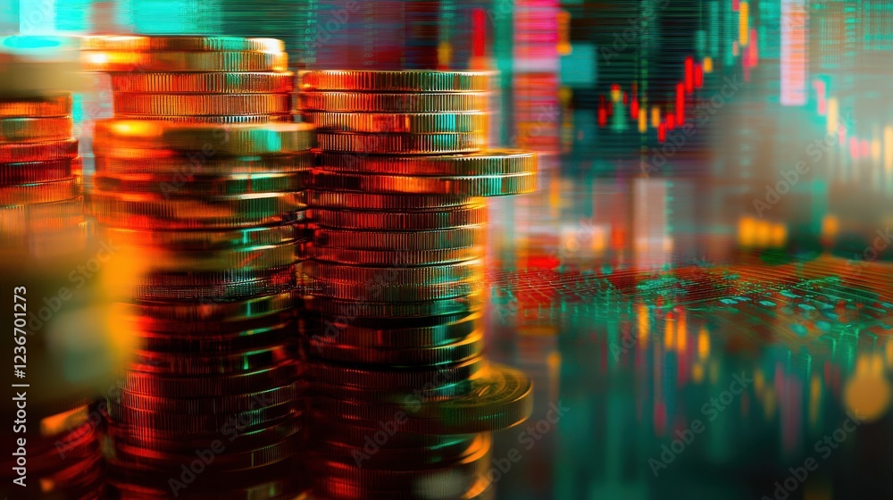 Aufkleber close-up of stacked coins against a backdrop of glowing financial graphs. perfect for topics on inve