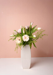 Graceful Tulip & Gerbera Arrangement in a White Ceramic Vase