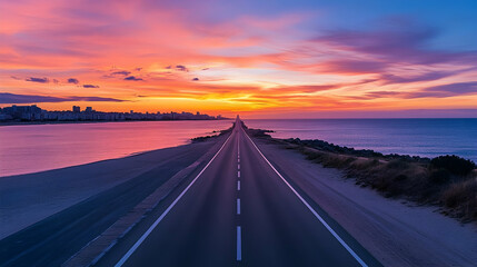 Fototapeta premium Coastal highway sunrise, city skyline, tranquil ocean, empty road, travel destination