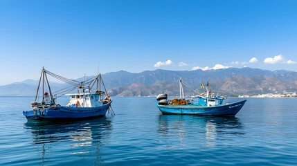 Coastal fishing boats at anchor, mountains in background, sunny day, travel imagery