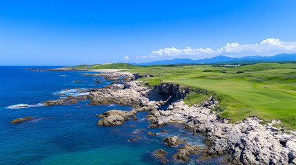 Coastal golf course, ocean view, cliffs, summer.  Aerial view, ideal for travel brochures