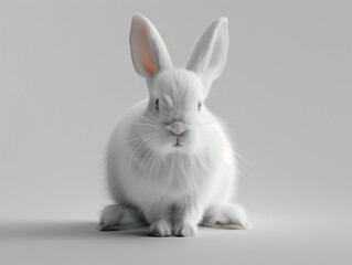 A fluffy white rabbit sitting on a neutral background, facing forward.