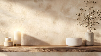Serene minimalist scene with candle, bowl, vase, and dried flowers on a wooden shelf against a textured wall.
