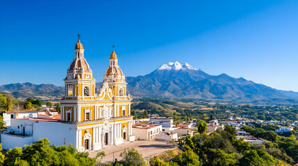 Obraz premium Colonial church, volcano backdrop, sunny day, Mexican town. Travel postcard or tourism brochure