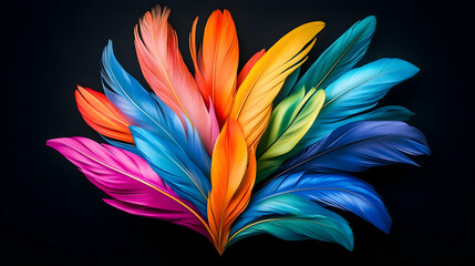 Colorful bird feathers arranged on dark background; design element for website or print