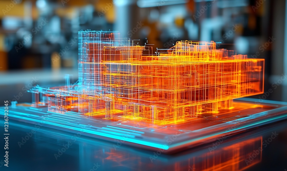 Poster futuristic building model digitally displayed on a glowing platform.