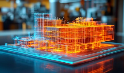 Futuristic building model digitally displayed on a glowing platform.