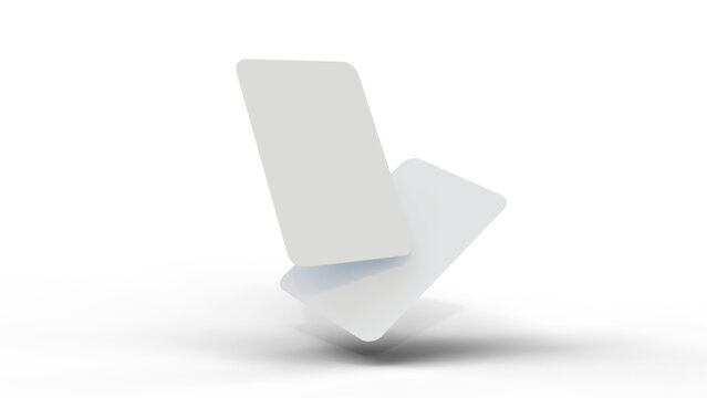 Business card blank mockup on white background. Vertical card mock up template. Two blank white cards for business, gift, debit or credit card presentation. Round corner cards mock up.